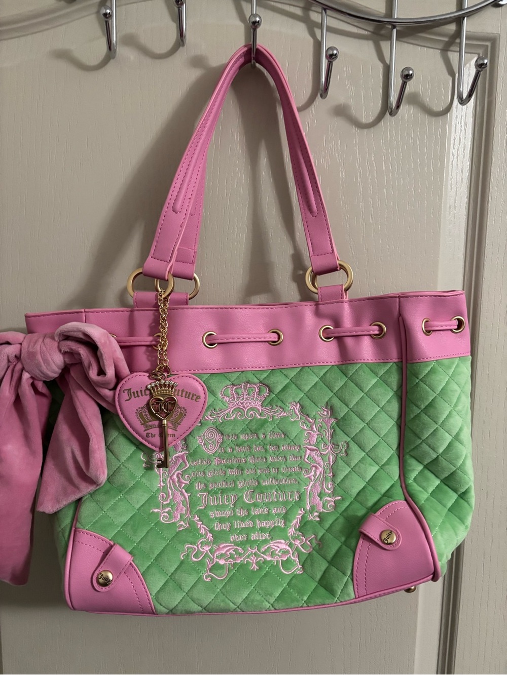 Juicy Couture Pink & Mint Green Quilted Tote with Heart Charm